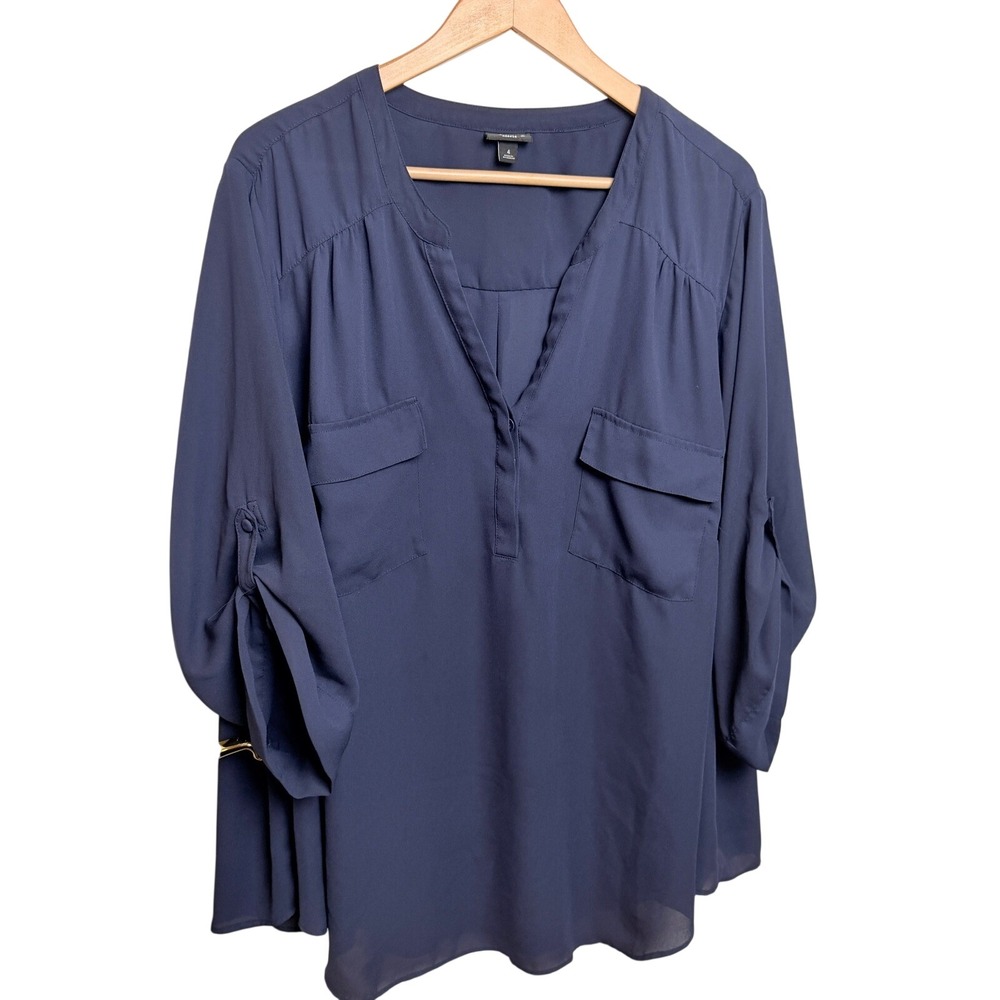 Torrid Harper Blouse 4 Navy Georgette Roll Tab Tunic Pullover Top Office Flowy